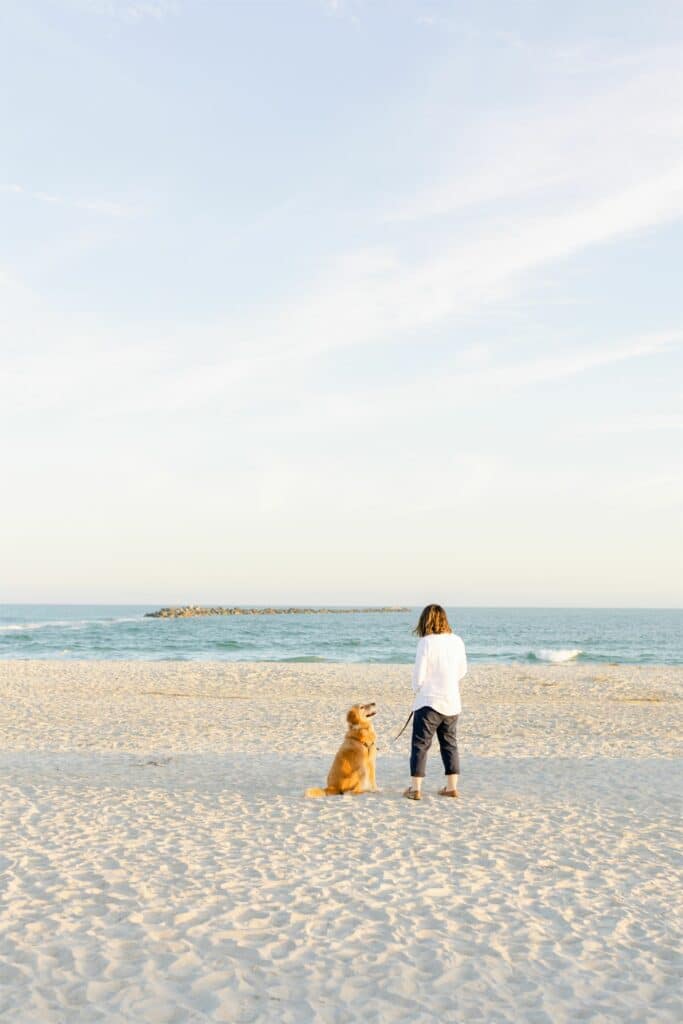 golden retriever service dog sitting on beach with handler looking at ocean