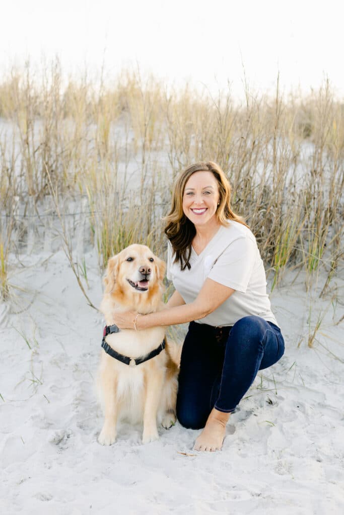 paws4people team member Dawn Cook with Golden retriever dog